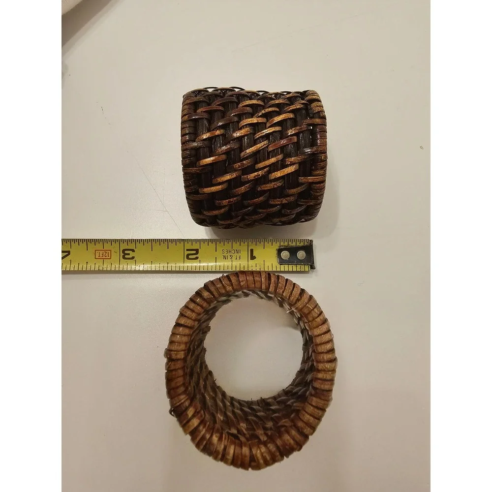 Set of 4 Dark Brown Woven Rattan Napkin Rings Rustic Basketweave Boho Table